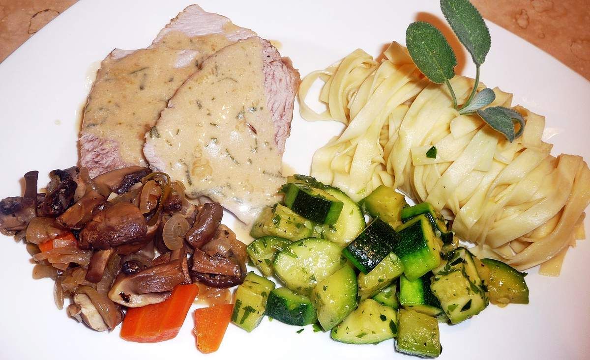 Veau à la sauge, champignons et huile de truffe